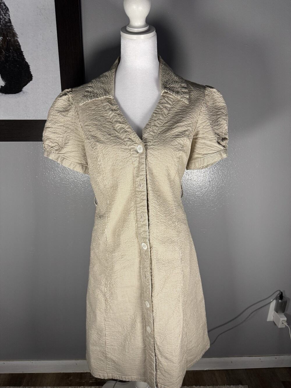 Vintage Y2K Striped Seersucker Shirtwaist Beige Dress Women’s Size 6